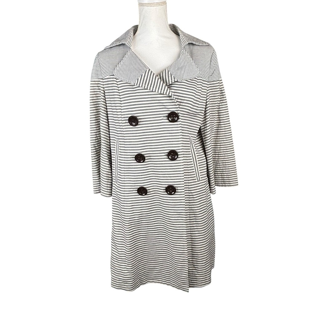 Anthropologie Elevenses Gray White Pinstripe Cotton Pea Coat Sz 8 Spring Coastal